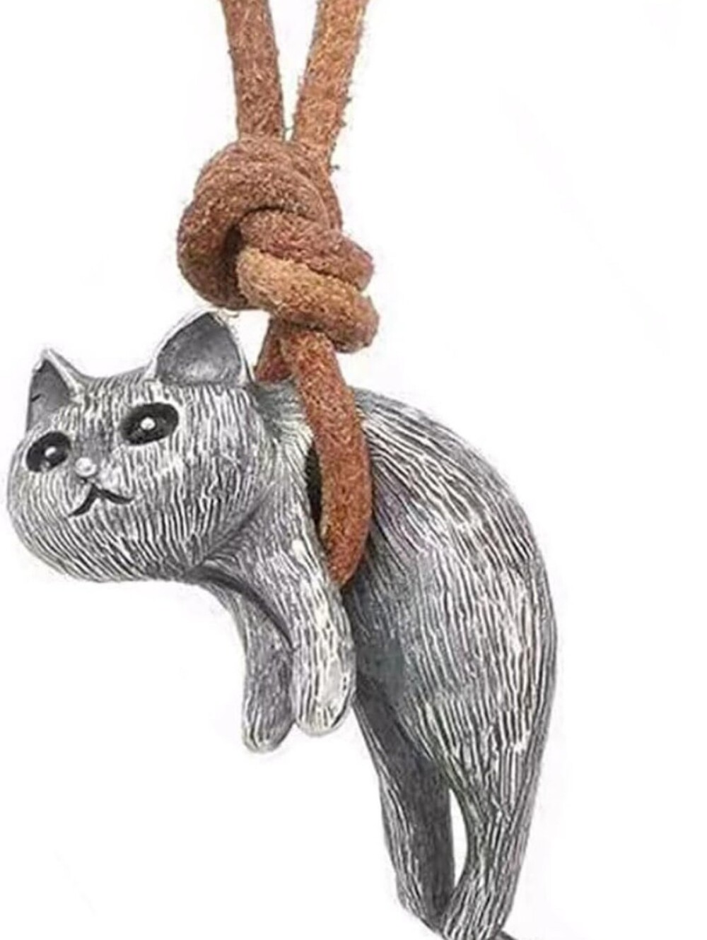Silver Cat Pendant Necklace with Brown Cord - Picture 2 of 6